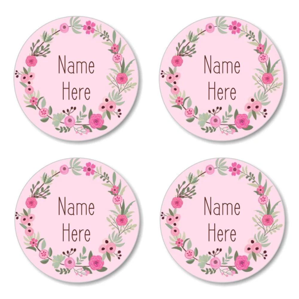 Flower Wreath Round Name Labels 30pk